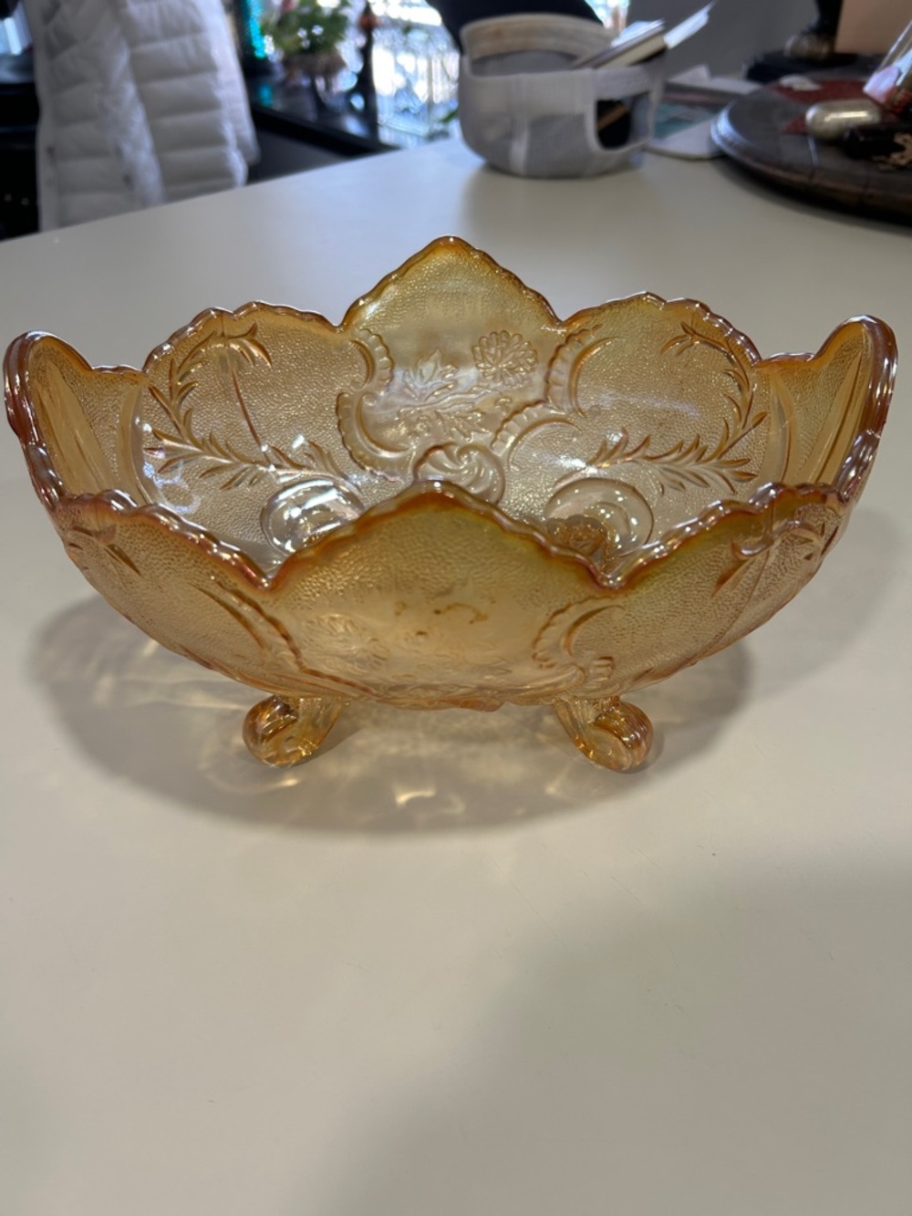 Jeanette Lombardi Carnival Glass Footed Decorative Bowl